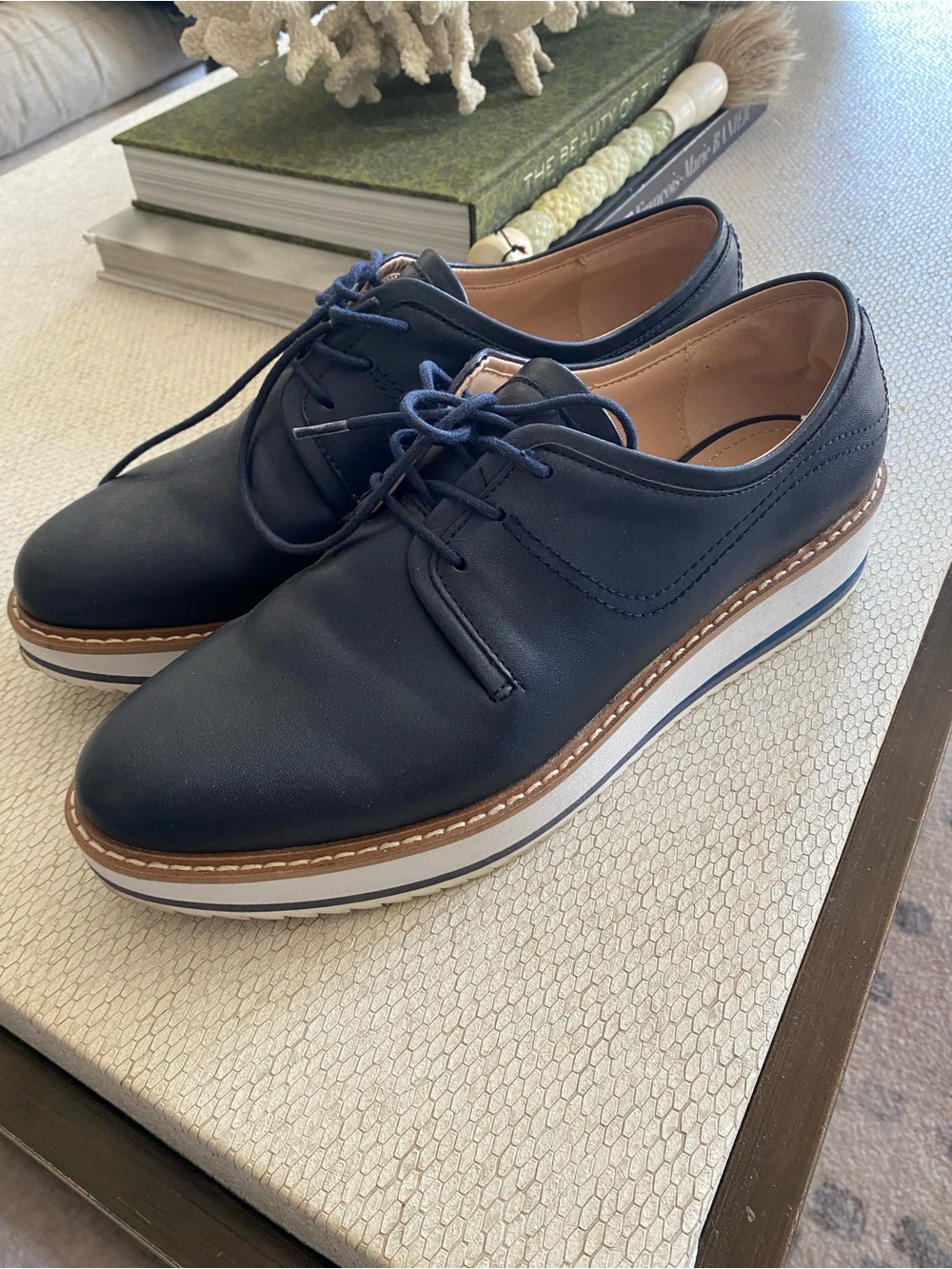 Zara Navy Leather Lace-Up Platform Derby